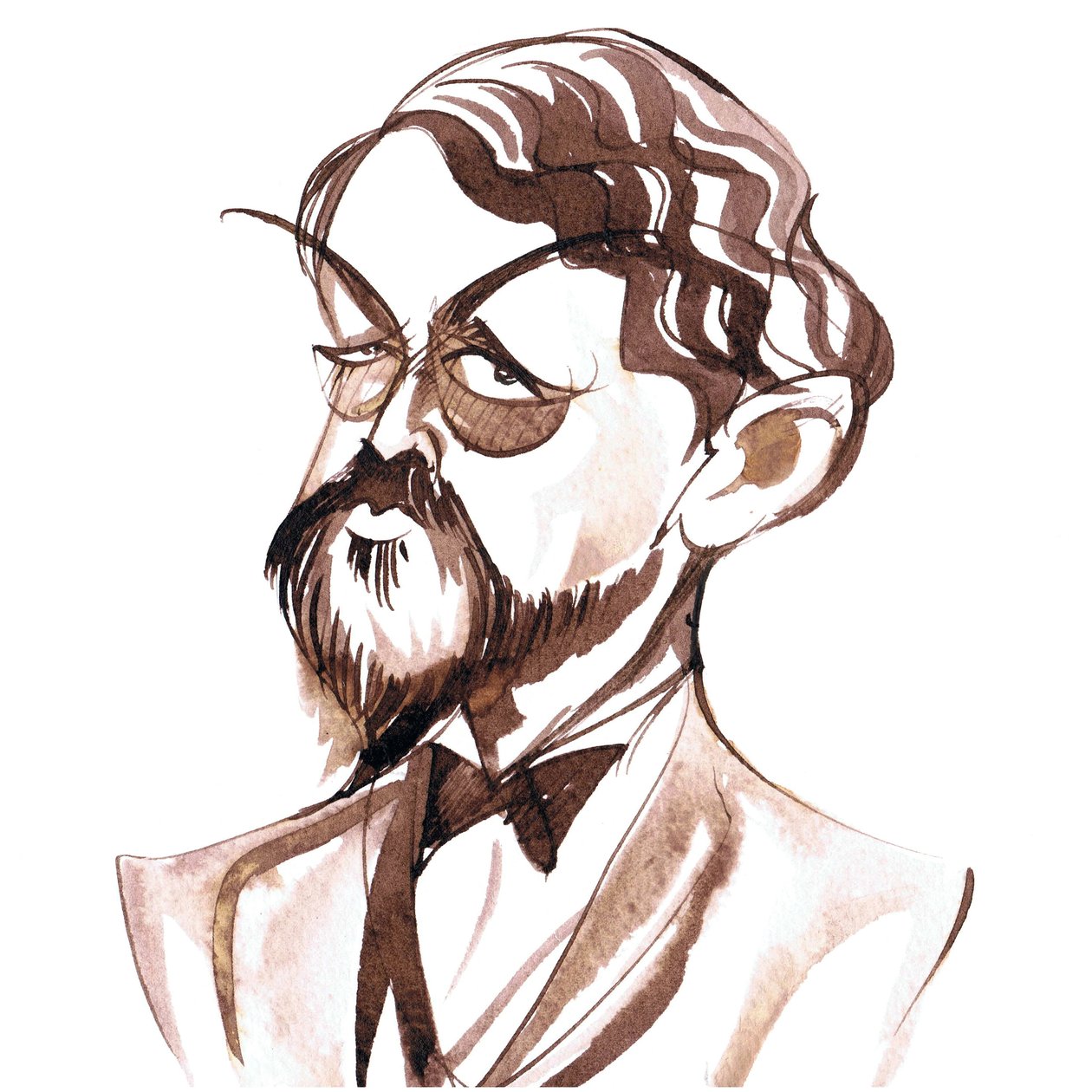 Achille-Claude Debussy, francuski kompozytor (1862-1918), karykatura atramentowa autorstwa Neale Osborne