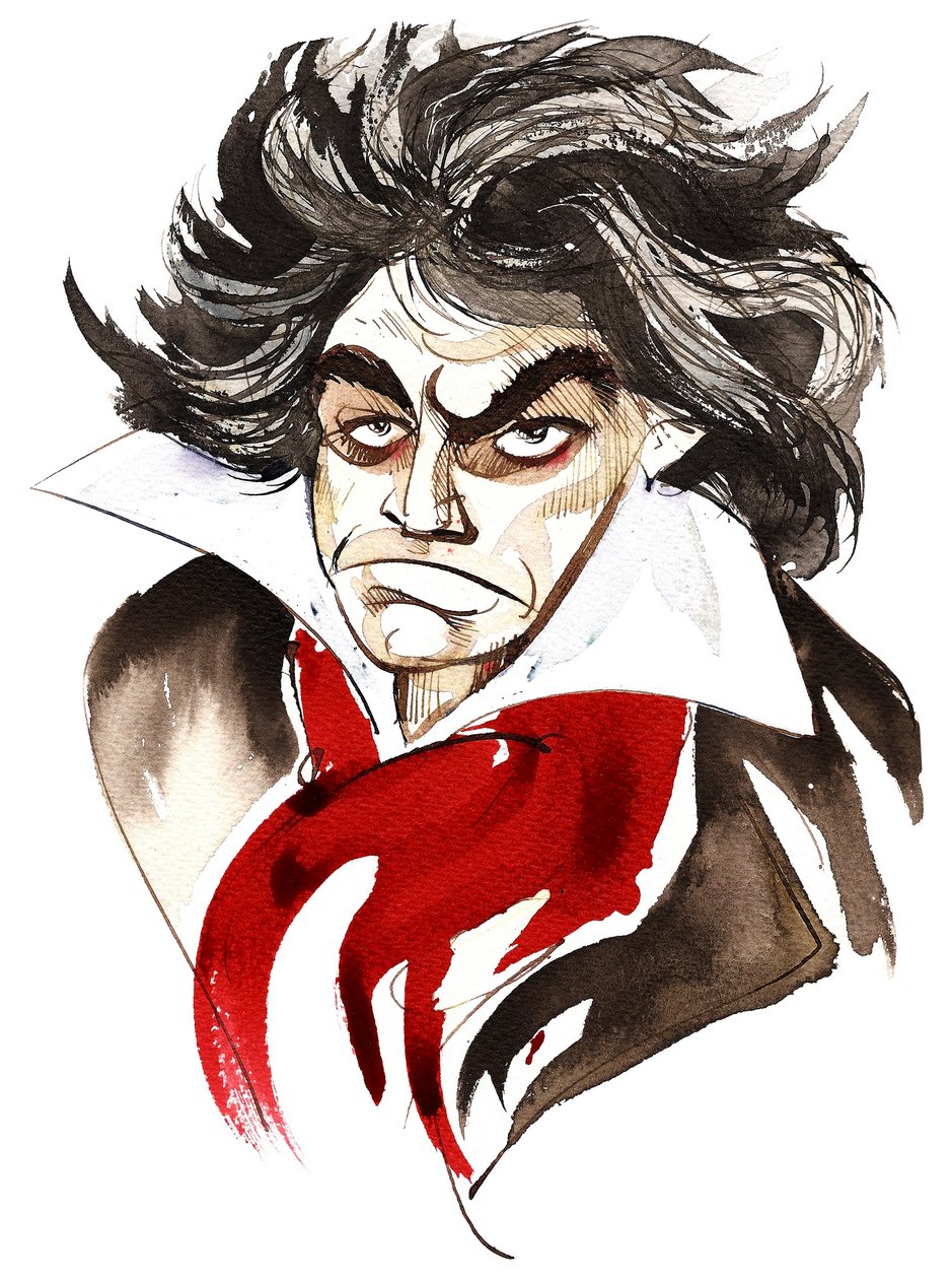 niemiecki kompozytor Ludwig van Beethoven (1770-1827); karykatura autorstwa Neale Osborne
