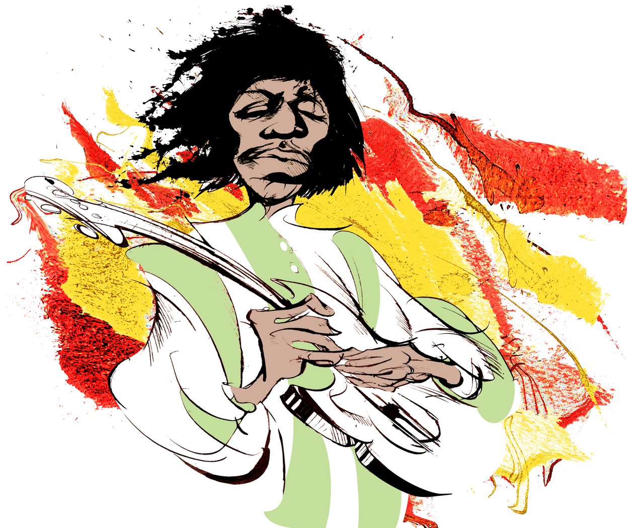 Jimi Hendrix, amerykański gitarzysta (1942-70), kolorowa karykatura autorstwa Neale Osborne