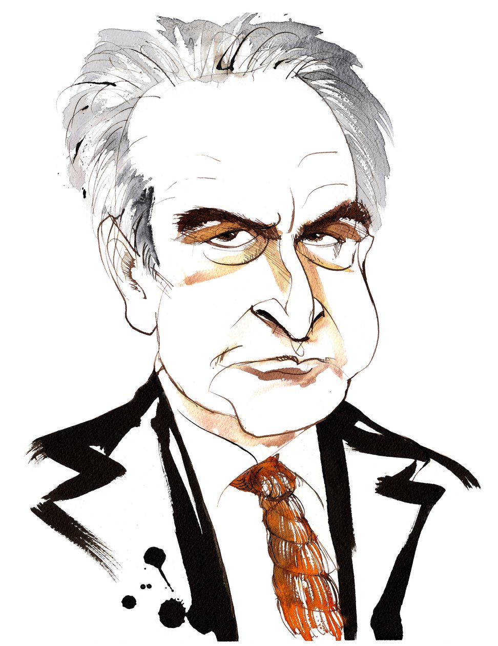 John Banville, irlandzki powieściopisarz i scenarzysta; pisarz kryminalny pod pseudonimem Benjamin Black; karykatura z wiązaniem na pętlę autorstwa Neale Osborne