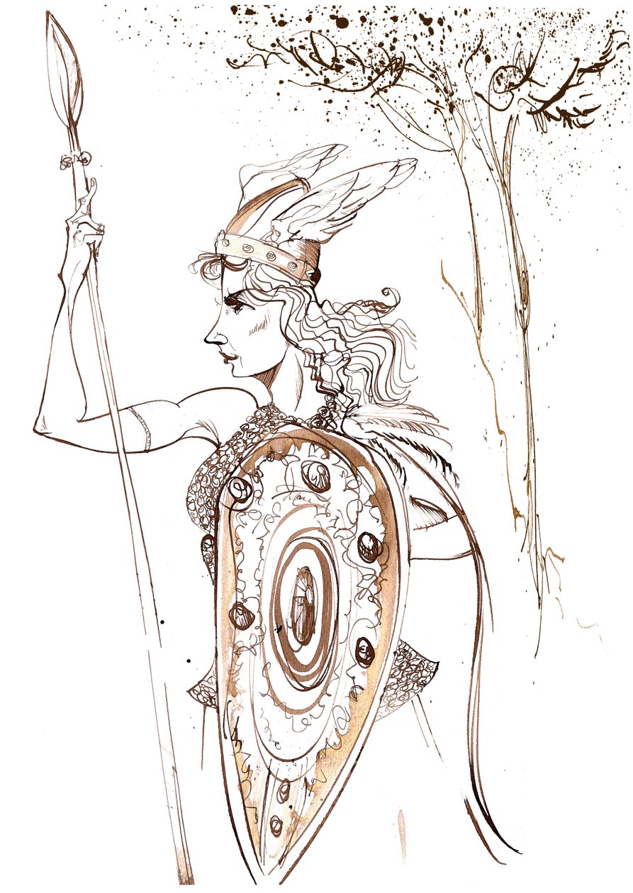 Kirsten Flagstad jako Brünnhilde z opery Walküre Richarda Wagnera (niemiecki kompozytor 1813-83); karykatura sepii autorstwa Neale Osborne