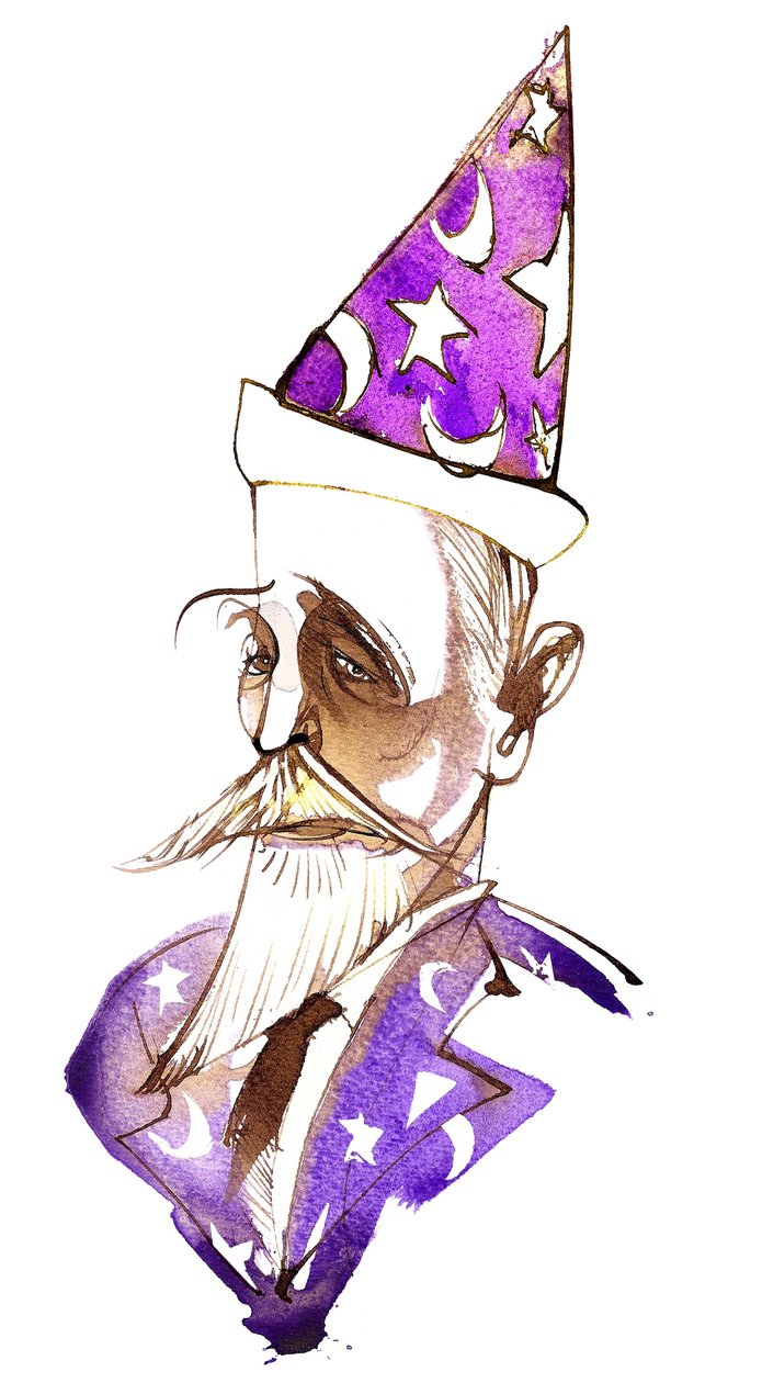 Paul Dukas, kompozytor francuski (1865-1935); karykaturalny jako czarownik autorstwa Neale Osborne
