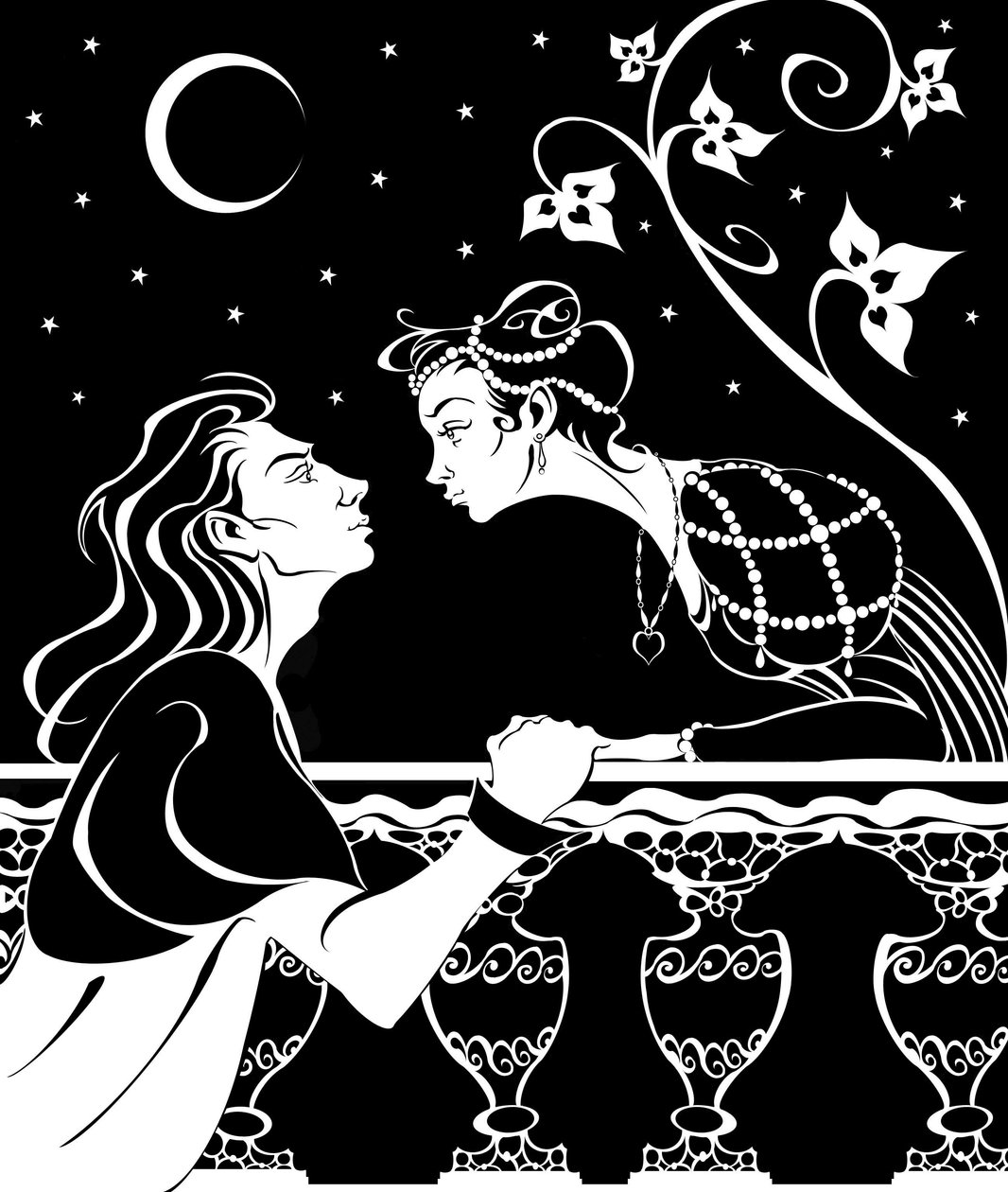 Romeo i Julia - ilustracja sceny balkonowej ze sztuki Williama Szekspira autorstwa Neale Osborne