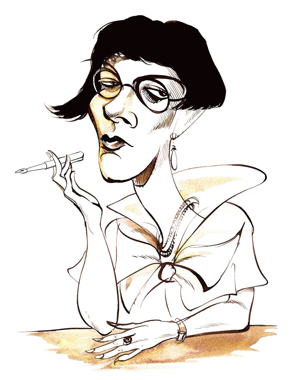 Sylvia Townsend Warner - karykatura trzymająca długopis autorstwa Neale Osborne