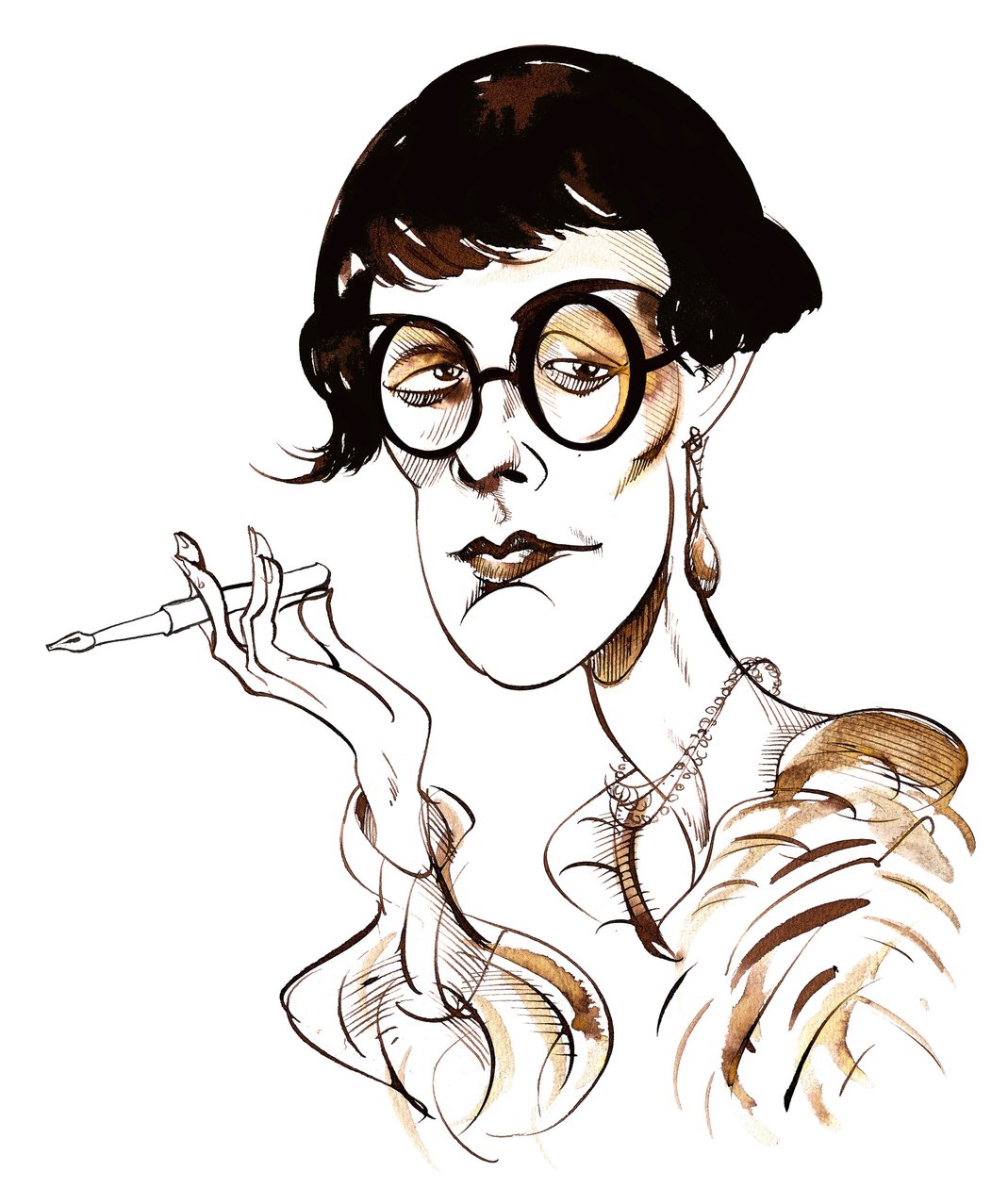 Sylvia Townsend Warner - karykatura trzymająca długopis autorstwa Neale Osborne