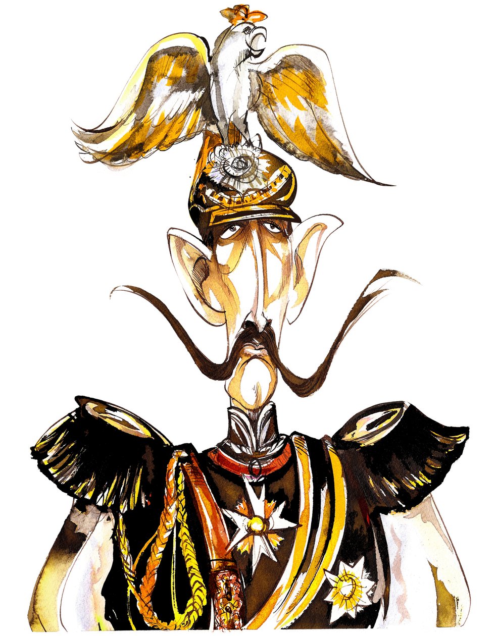 Wilhelm II, cesarz Niemiec, król Prus (1859-1941); karykatura barwna z orłem na hełmie autorstwa Neale Osborne