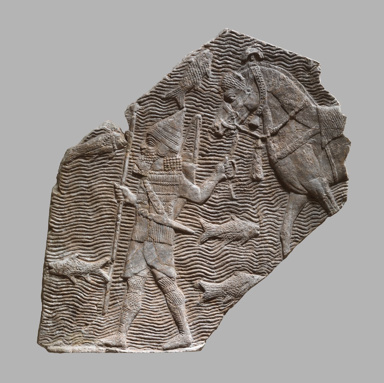 Płaskorzeźba: kawalerzysta prowadzący konia nad strumieniem, ok. 704–681 p.n.e. (alabaster gipsowy) autorstwa Neo Assyrian