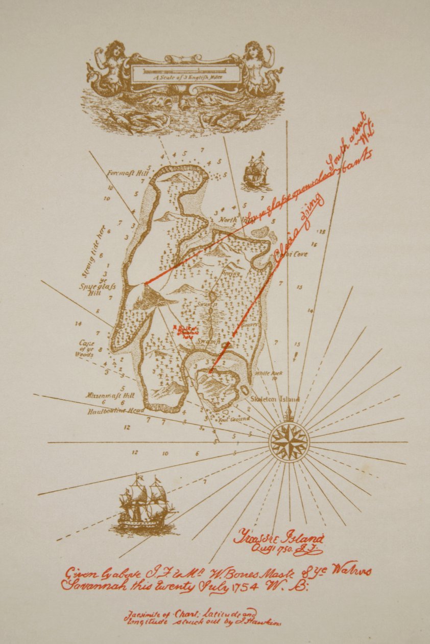 Mapa Wyspy Skarbów, ilustracja z „Wyspy Skarbów” Roberta Louisa Stevensona, wyd. przez Synów Charlesa Scribnera, 1911 autorstwa Newell Convers Wyeth