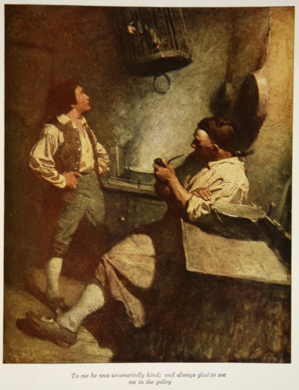 Dla mnie był niezmordowanie miły i zawsze cieszył się na mój widok w kambuzie, ilustracja z "Wyspy skarbów" Roberta Louisa Stevensona, wyd. Charles Scribner