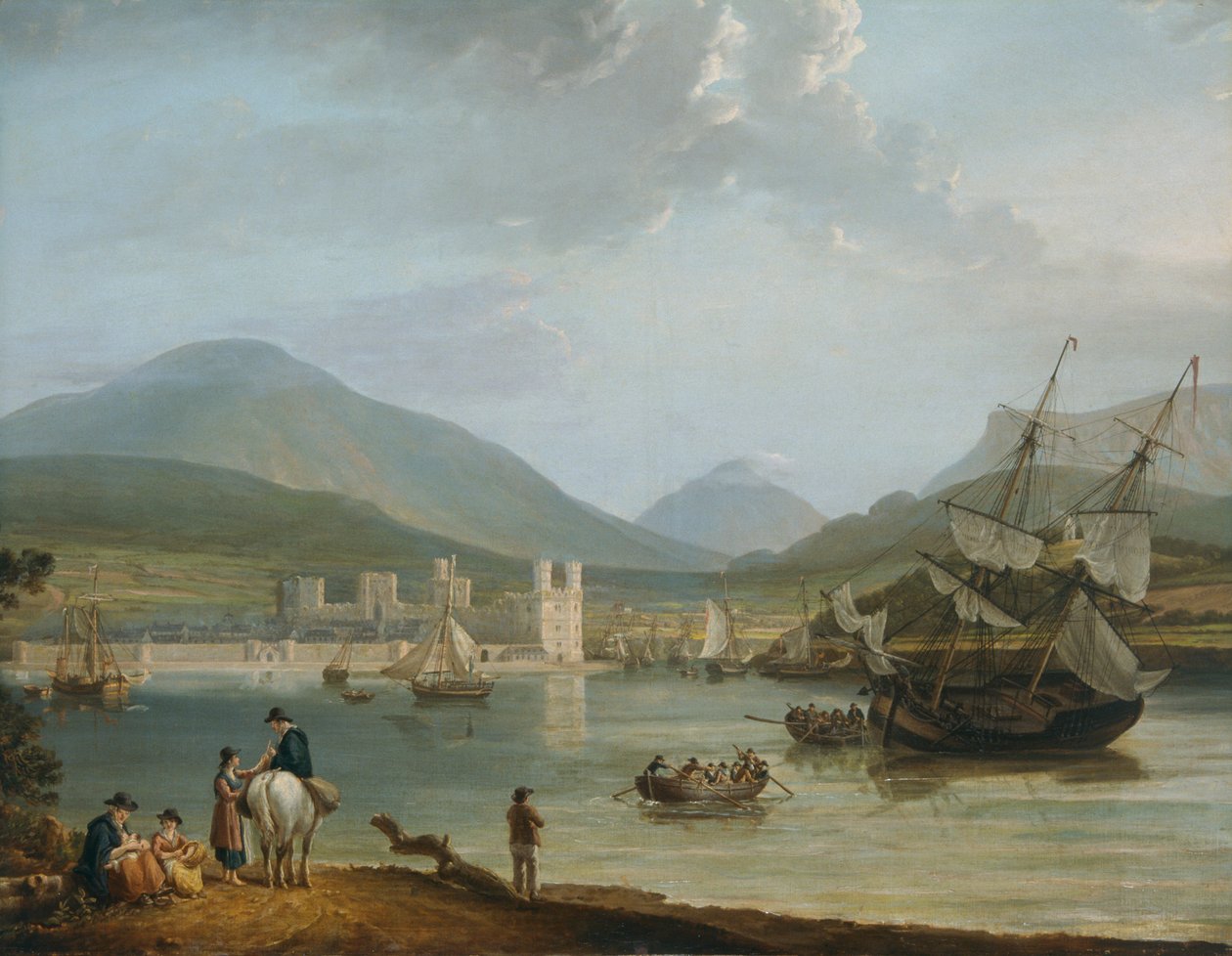 „Zamek i zatoka Caernarvon”, c1780-1810 autorstwa Nicholas Pocock