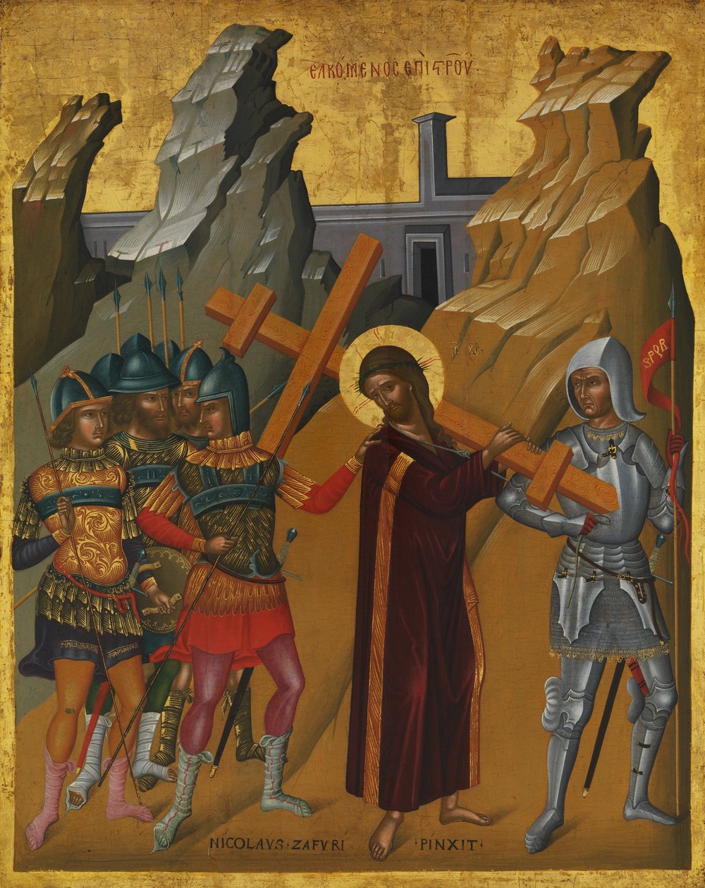 Chrystus dźwigający krzyż, ok. 1590 (olej i tempera na drewnie, złoto szlifowane) autorstwa Nicola Zafuri