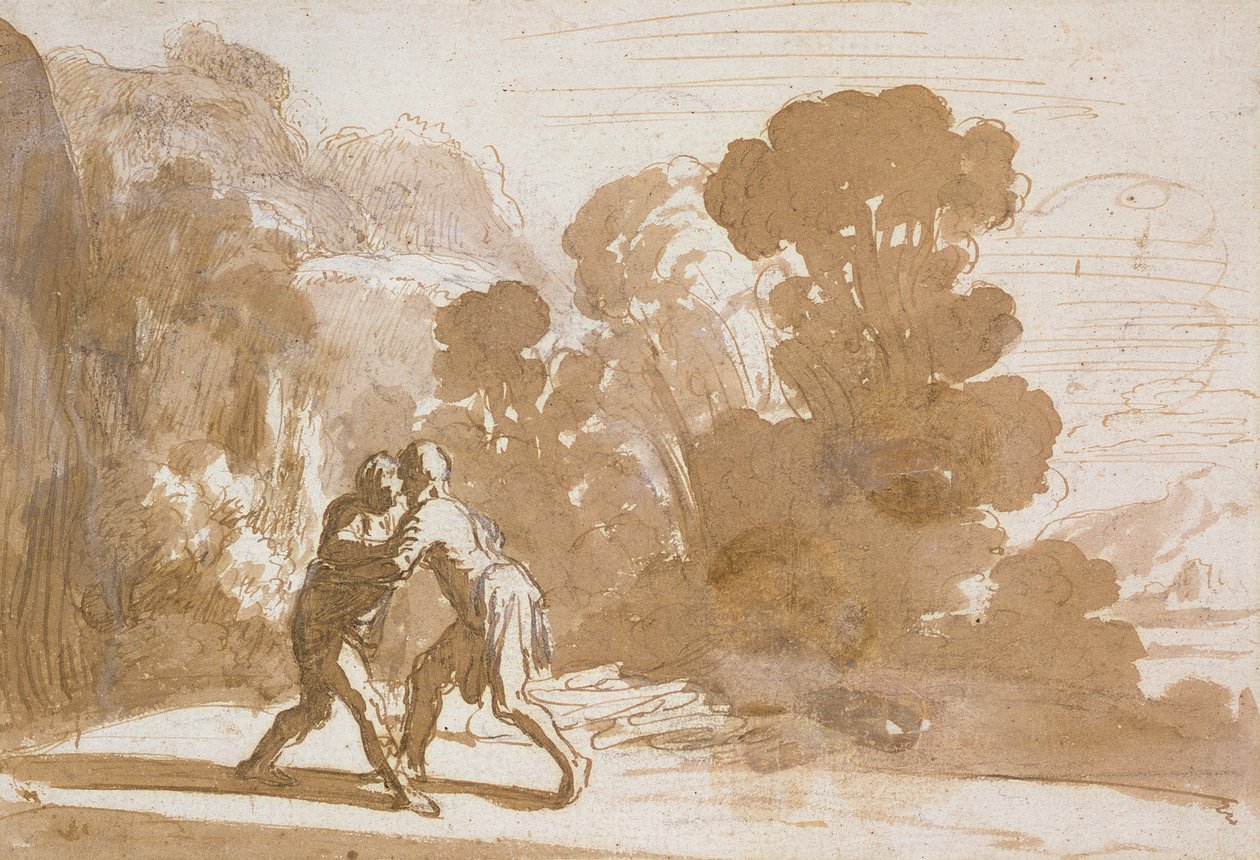 No.3192 Zapasy Jakuba z aniołem, ok.1605-10 (pióro i tusz z płynem) autorstwa Nicolaes Cornelisz Moeyaert
