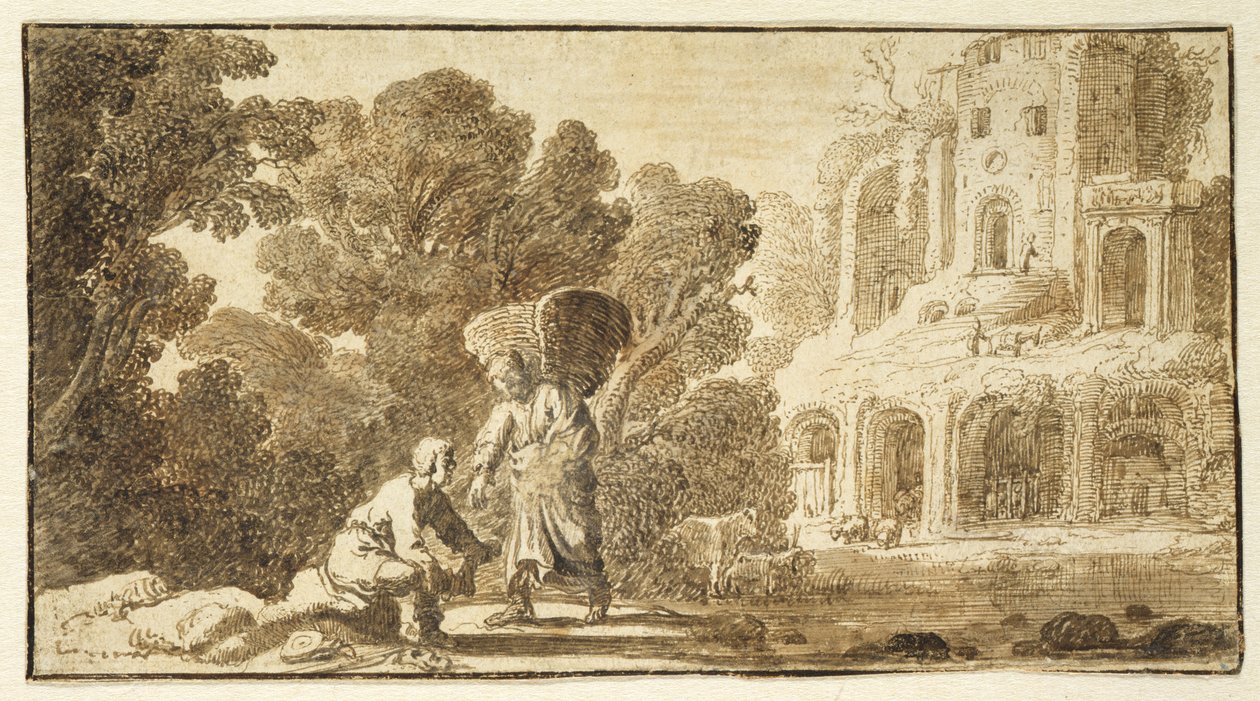 Tobiasz i Anioł, ok. 1625 (pióro i atrament na papierze) autorstwa Nicolaes Cornelisz c.1592 1655 Moeyaert