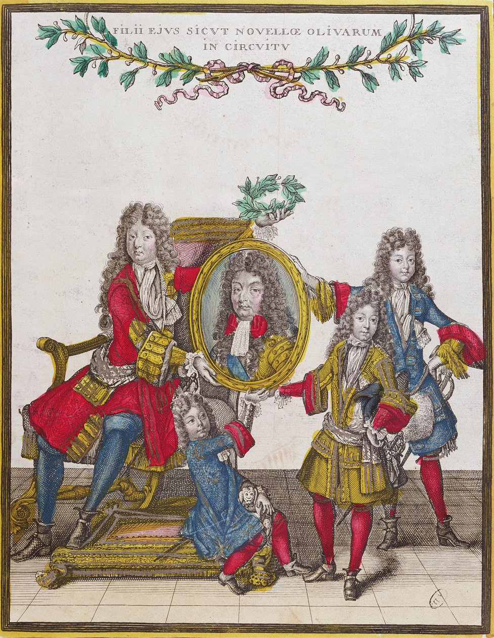 Francuska rodzina królewska trzymająca portret Ludwika XIV, koniec XVII w. (kolororyt) autorstwa Nicolas Arnoult