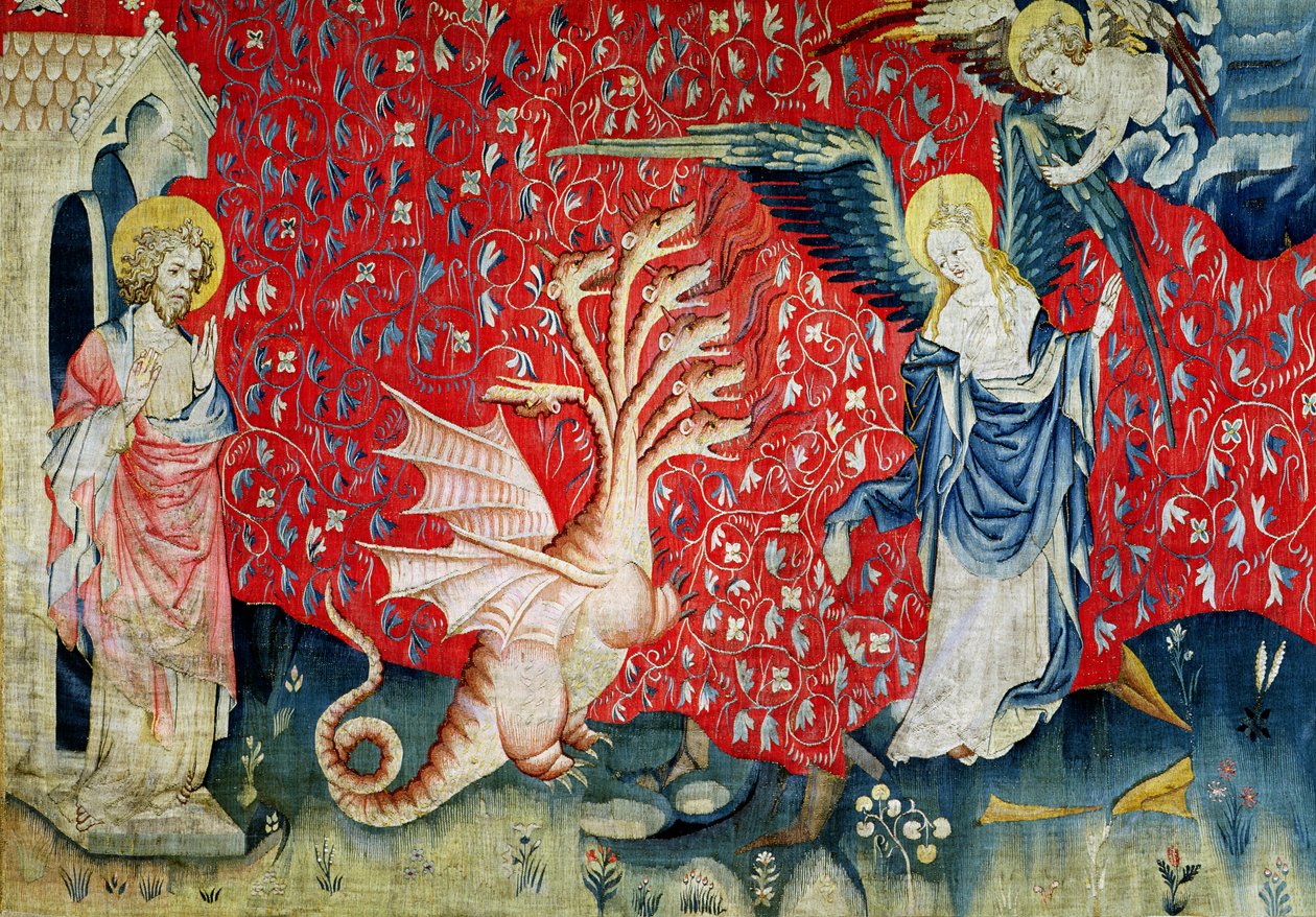 Kobieta otrzymująca skrzydła, by uciec od smoka, nr 37 z „Apokalipsy gniewu”, 1373-87 (gobelin) autorstwa Nicolas Bataille