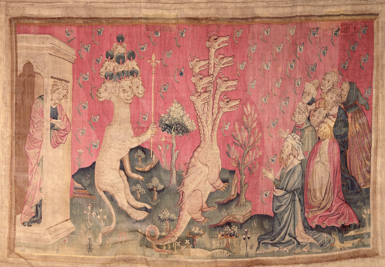 Siedmiogłowa bestia z morza przyjmująca hołd ludzi, nr 41 z „Apokalipsy gniewu”, 1373-87 (gobelin) autorstwa Nicolas Bataille
