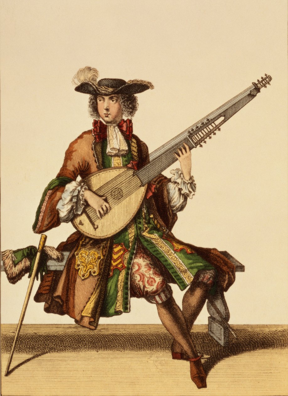 Dżentelmen grający na anielicy, modny talerz, ok. 1695 r. autorstwa Nicolas Bonnart