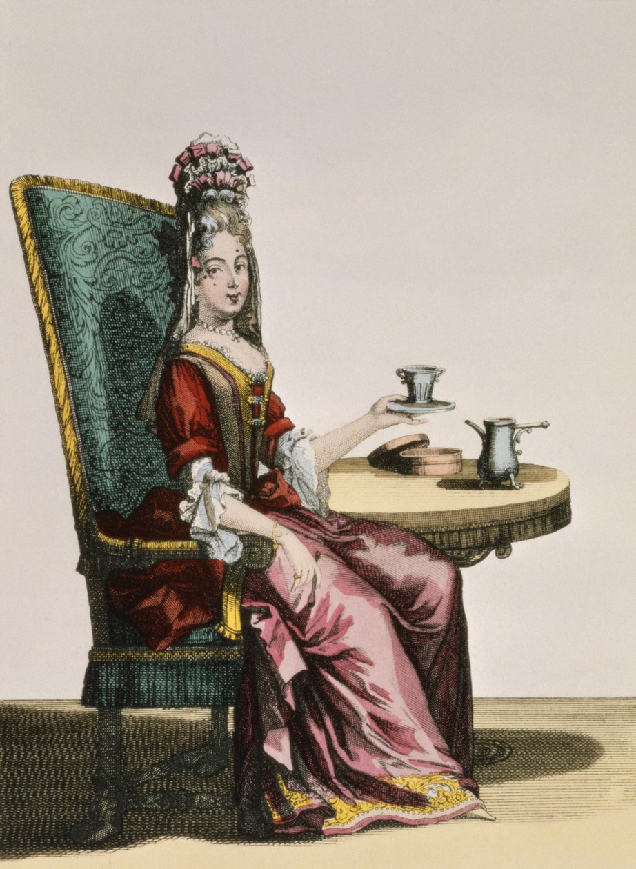 Lady biorąc kawę, talerz z modą, ok.1695 autorstwa Nicolas Bonnart