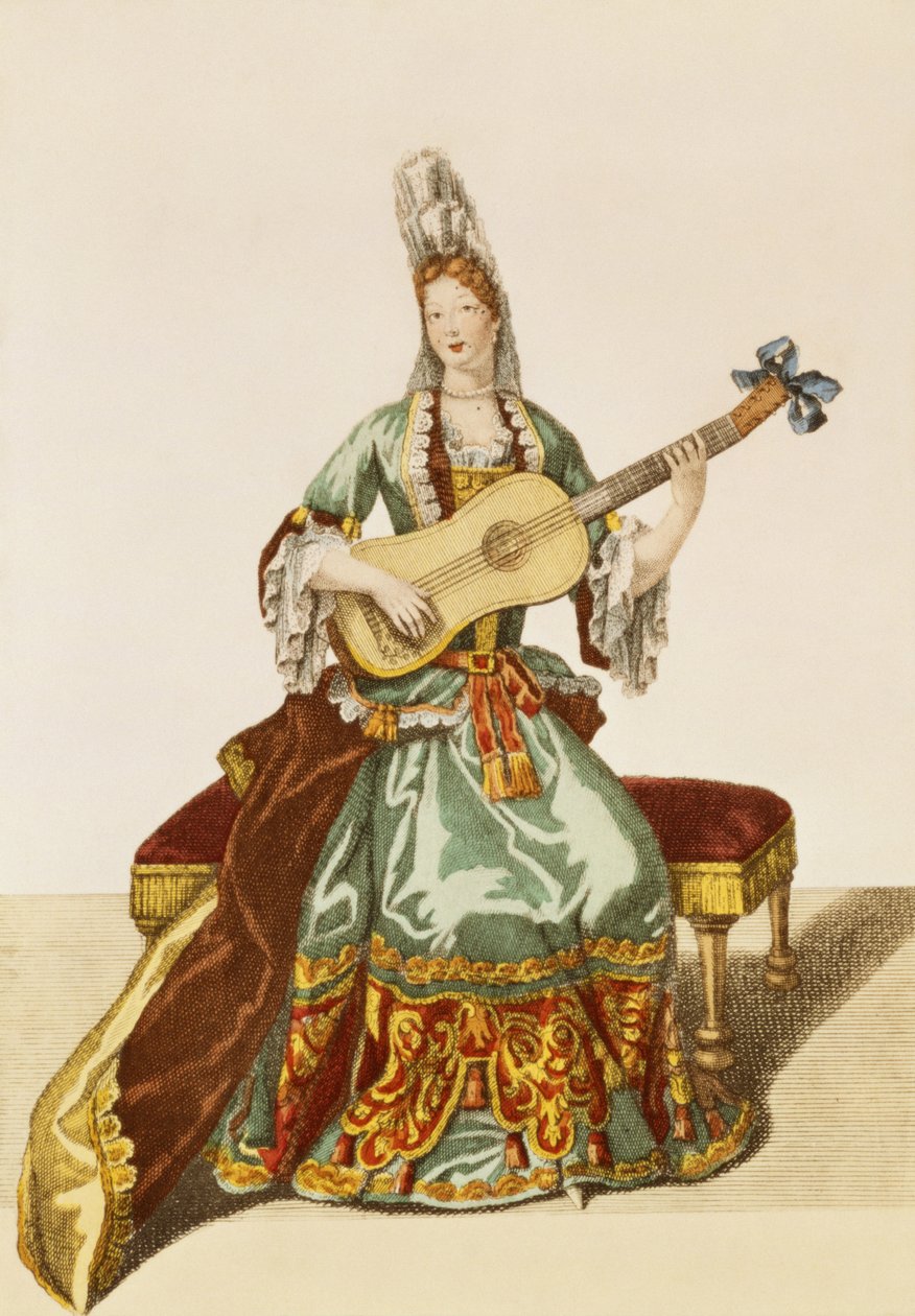 Lady of Quality grająca na gitarze, modny talerz, ok.1695 autorstwa Nicolas Bonnart