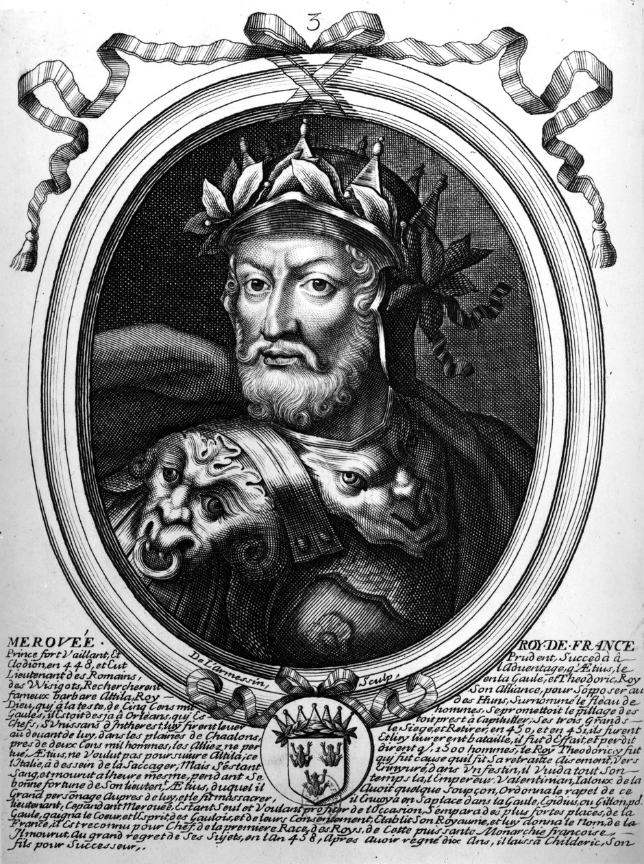 Portret Merovecha (zm. 456), króla Franków Salijskich, z „Les Augustes Representations de tous les Rois de France”, 1714 autorstwa Nicolas II de Larmessin