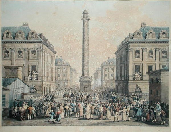 Charles-Ferdinand de France (1778-1820) Duc de Berry wraca do Tuileries przez Place Vendome, 1814 (pióro i atrament i toaleta na papierze) autorstwa Nicolas Joseph Vergnaux
