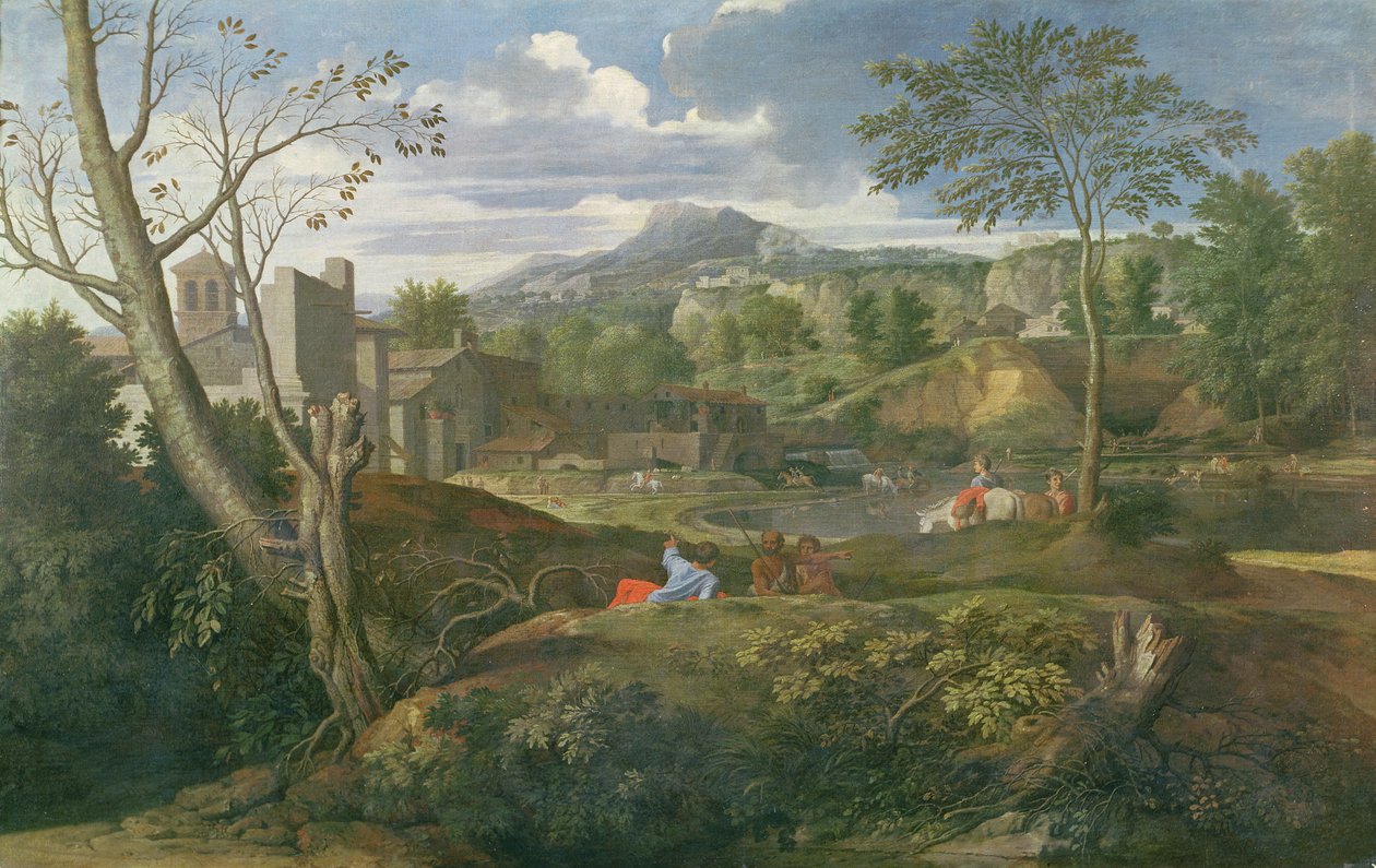Krajobraz z budynkami, 1648-51 autorstwa Nicolas Poussin