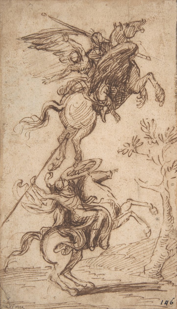 Czarodziej Atlante Porwania Pani Pinabellos (Ariosto, Orlando Furioso, canto II, 38), c.1635-38 (pióro i brązowy atrament) autorstwa Nicolas Poussin