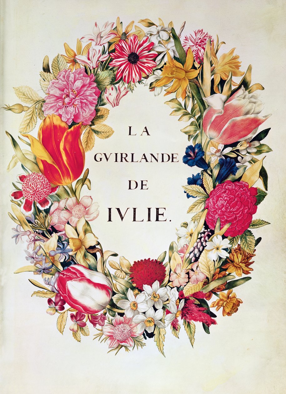 Frontyspis „La Guirlande de Julie”, ok. 1642 (wc na welinie) autorstwa Nicolas Robert