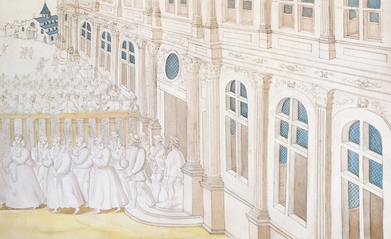 Procesja królowej Louise de Lorraine-Vaudemont (1553-1601) wychodzącej z Luwru do Maison de Charite, 1584 (pióro i tusz oraz wc na papierze) autorstwa Nicolas attr. to Houel
