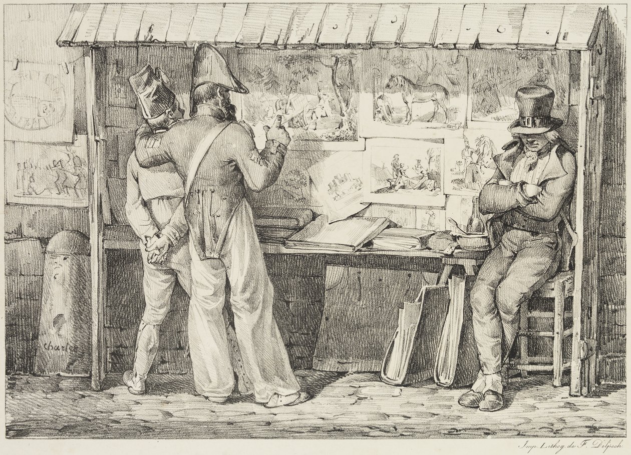 Le marchand de dessins litographiques, między 1818 a 1819 (litografia wydrukowana czarnym tuszem na papierze tkanym) autorstwa Nicolas Toussaint Charlet