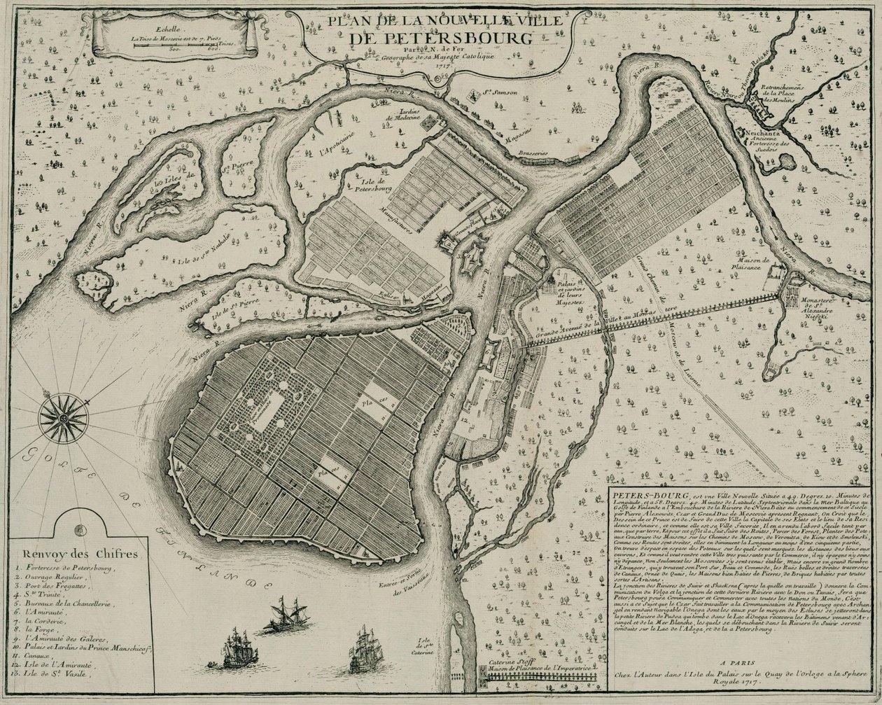 Mapa Petersburga, 1717 r. autorstwa Nicolas de Fer