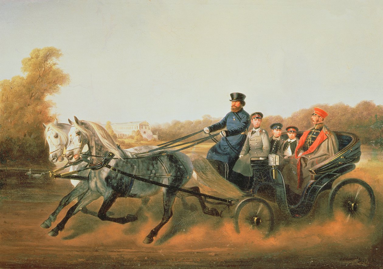 II Александр хаан (1818-81) Зарское Село хотод хөвгүүдийнхээ хамт жолоодож байна, 1850-аад оны поли autorstwa Nikolai Egorevich Sverchkov