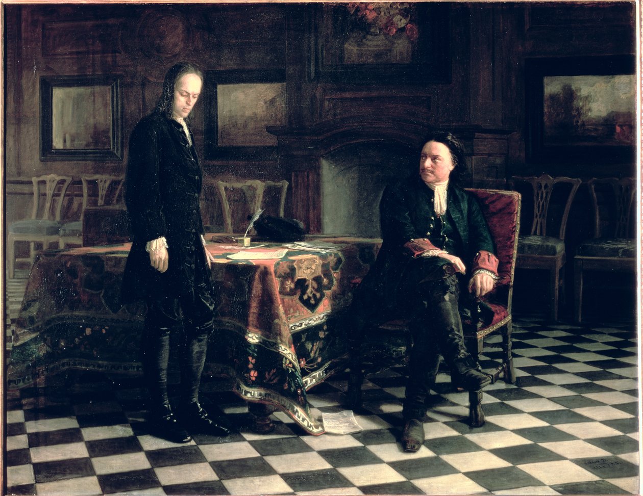 Piotr Wielki przesłuchuje carewicza Aleksieja Pietrowicza w Peterhofie, 1871 autorstwa Nikolai Nikolaevich Ge