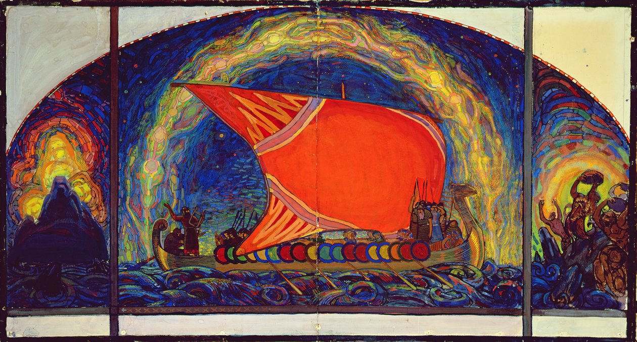 Kalevipoegs Żaglówka `Samolot, 1910 (tempera i kredka na papierze) autorstwa Nikolai Triik