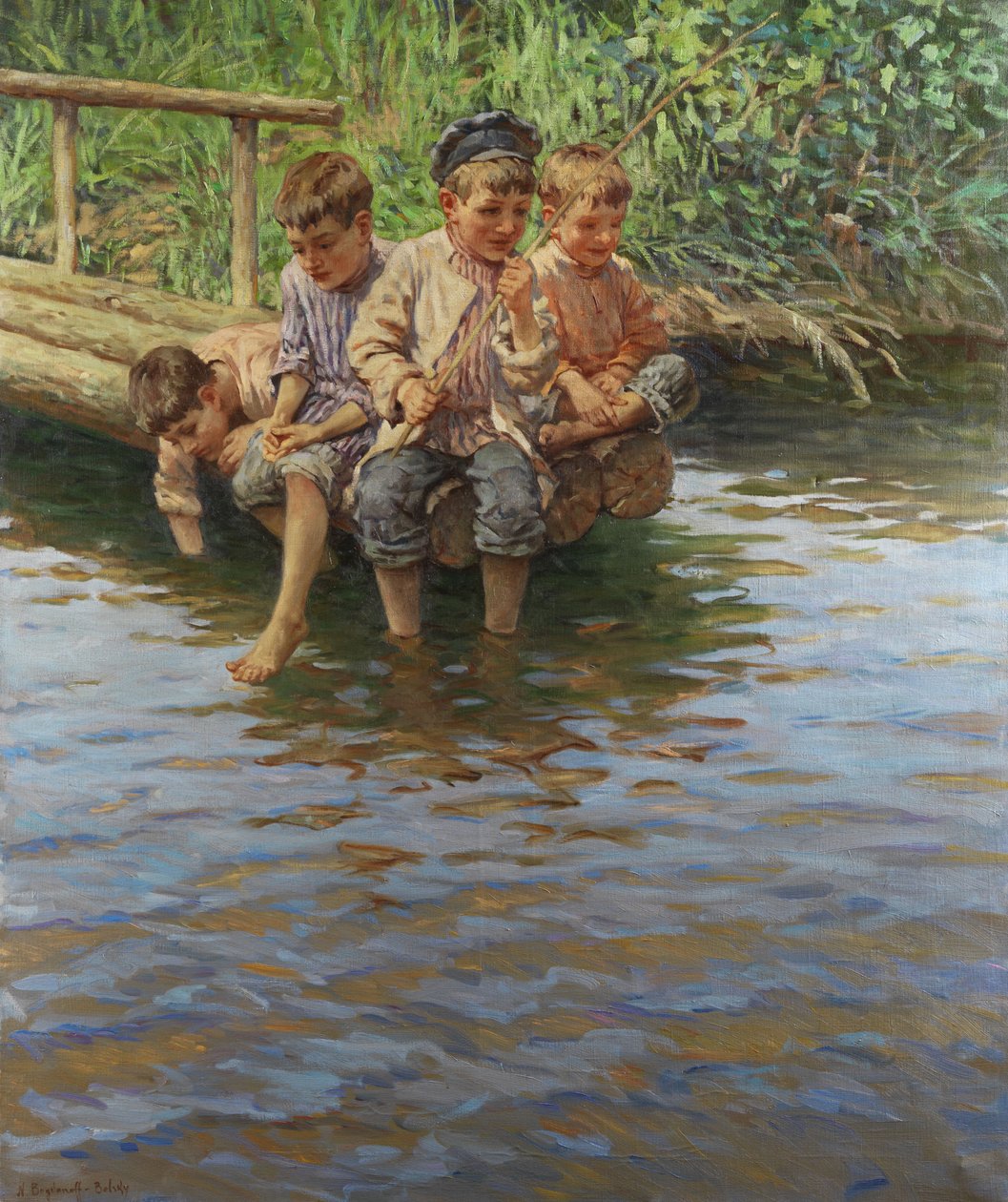 Czterech chłopców na pomoście podczas wędkowania autorstwa Nikolay Bogdanov Belsky