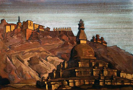 Krajobraz tybetański, ok. 1920 (tempera na tekturze) autorstwa Nikolay Konstantinovich Rerich
