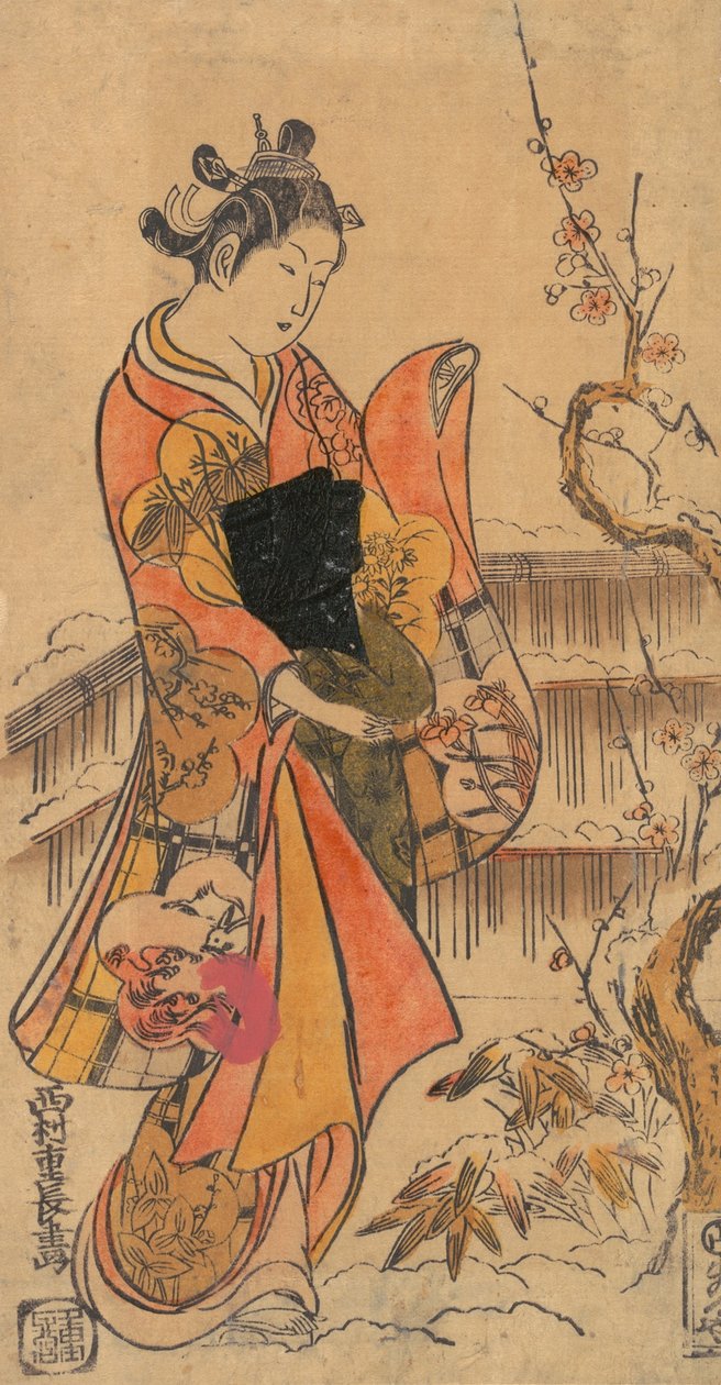 Młoda dama w ogrodzie. autorstwa Nishimura Shigenaga