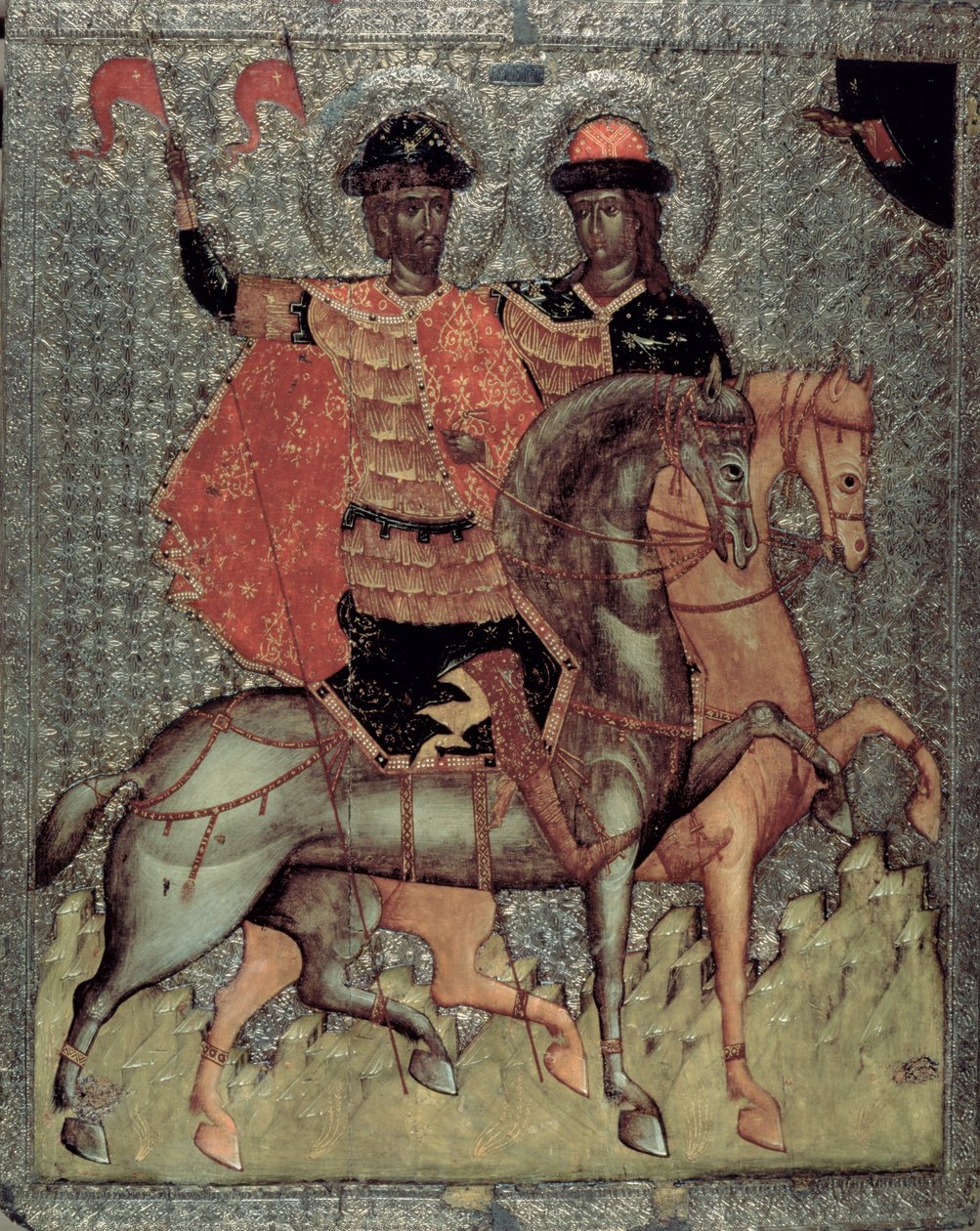 Św. Borys i Św. Gleb Konni, ok. 1377 (tempera na panelu) autorstwa Novgorod School