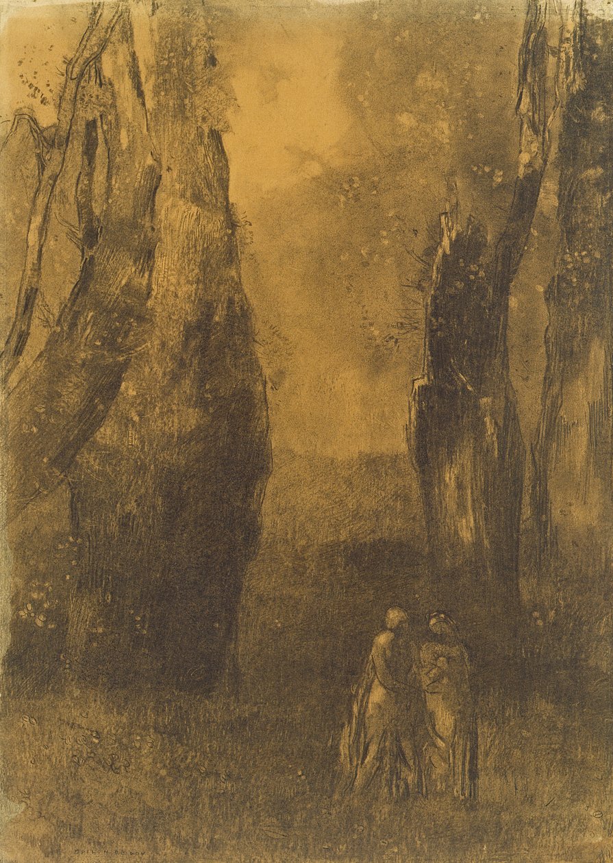 Kochankowie w skalistym krajobrazie (węgiel) autorstwa Odilon Redon