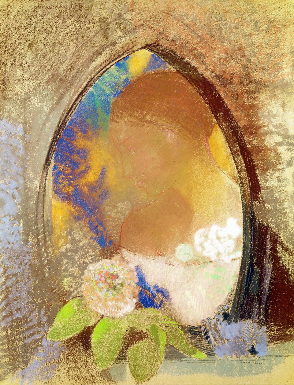 Portret z kwiatami (pastel na papierze) autorstwa Odilon Redon