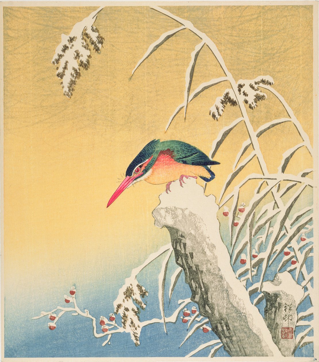 Zimorodek w śniegu, 1935 (kolorowy drzeworyt) autorstwa Ohara Koson