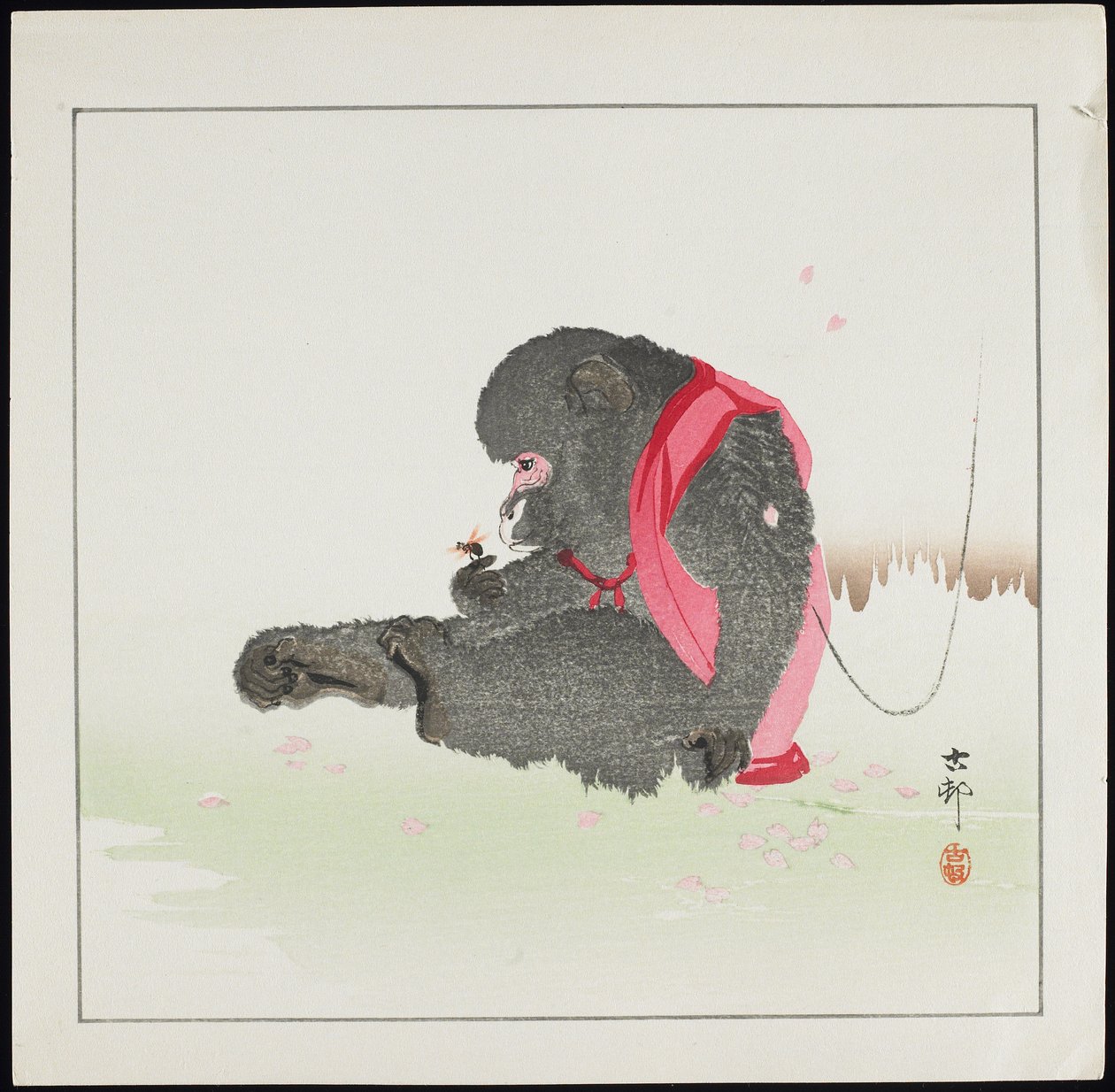 Małpa łapiąca pszczołę, sprzed 1912 r. autorstwa Ohara Koson