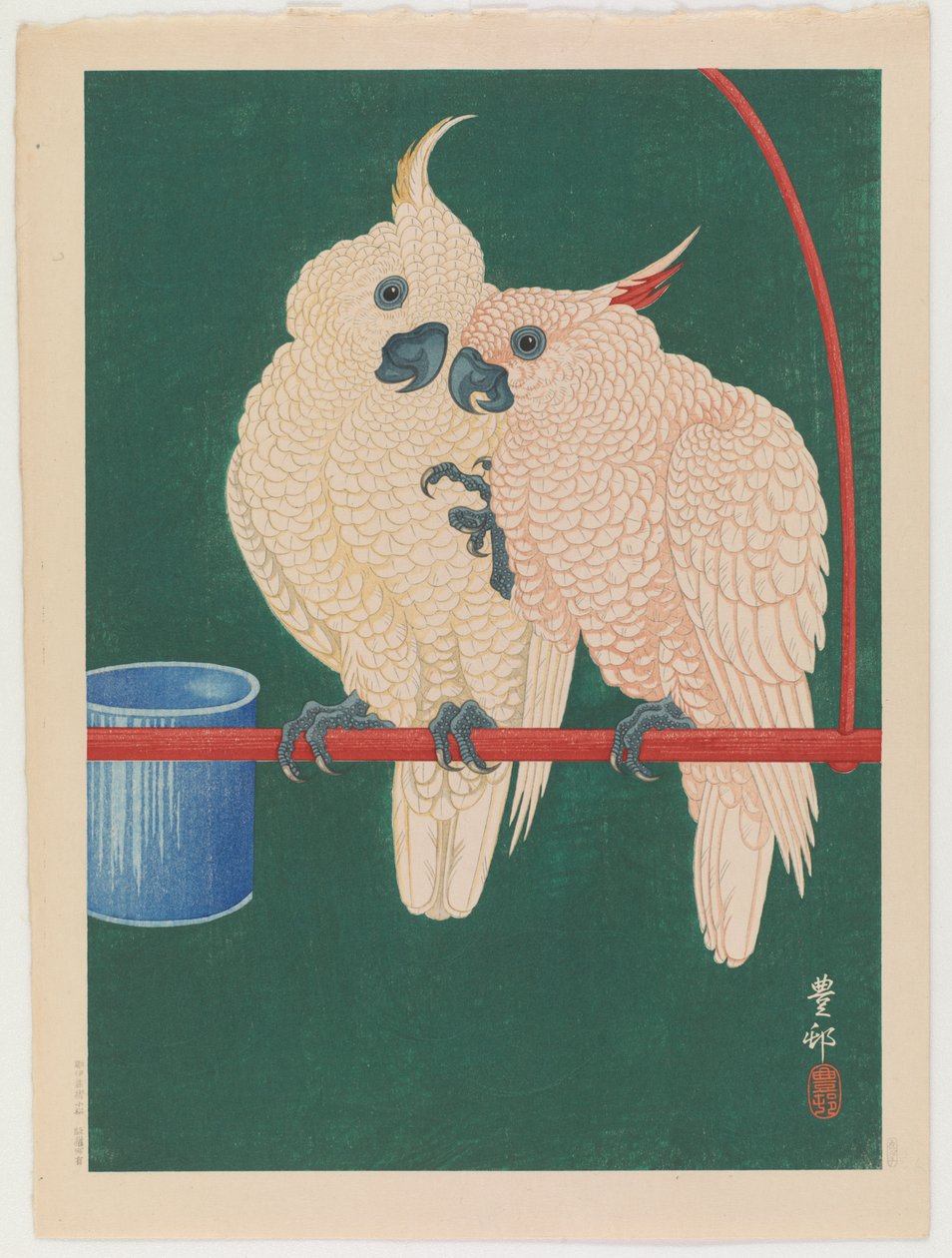 Para białych kakadu, ok. 1930 (kolorowy drzeworyt) autorstwa Ohara Koson
