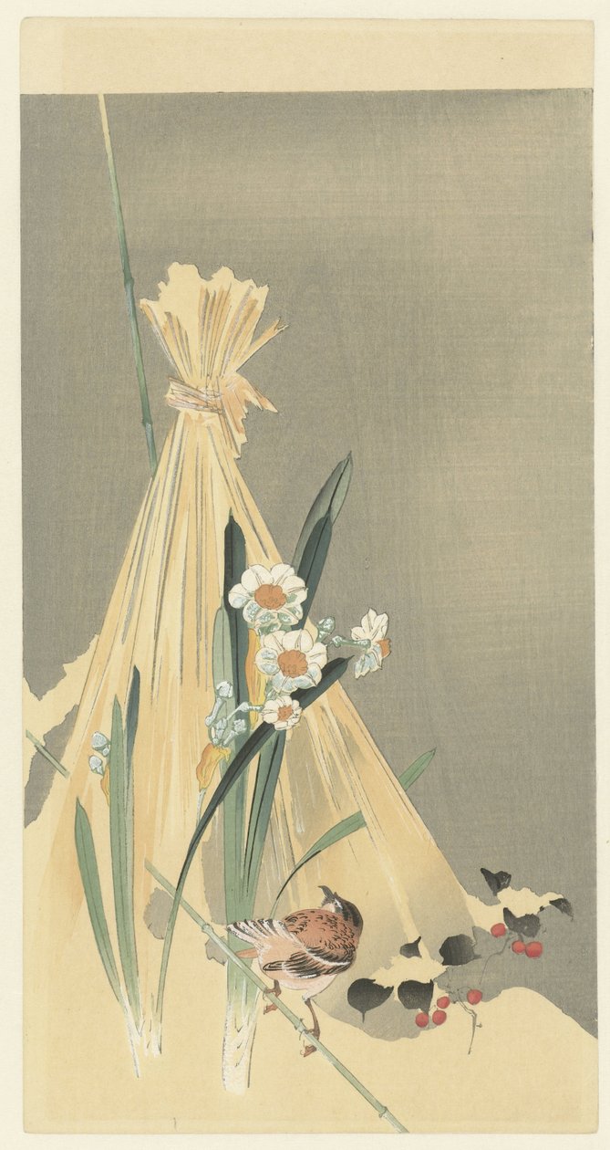 Ptak śpiewający w wiązce siana autorstwa Ohara Koson (attributed to)