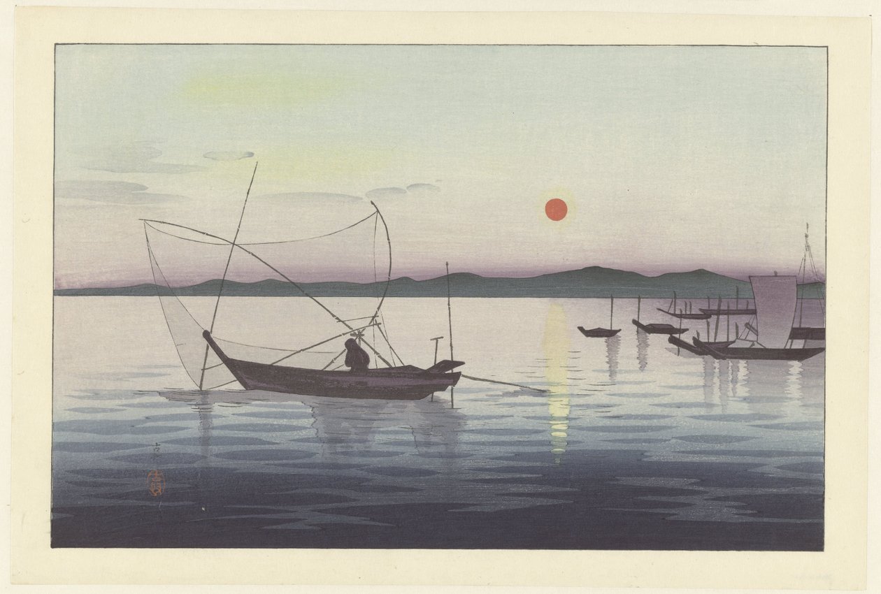 Łodzie i zachodzące słońce. autorstwa Ohara Koson
