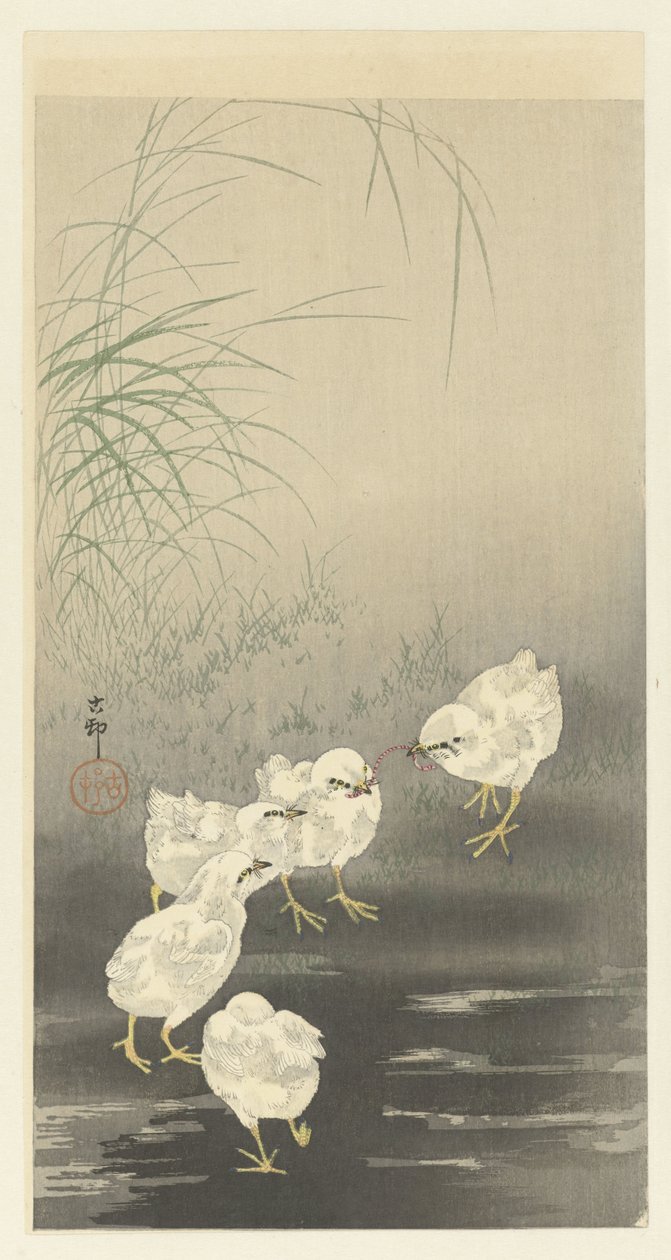 Pisklęta i robak autorstwa Ohara Koson