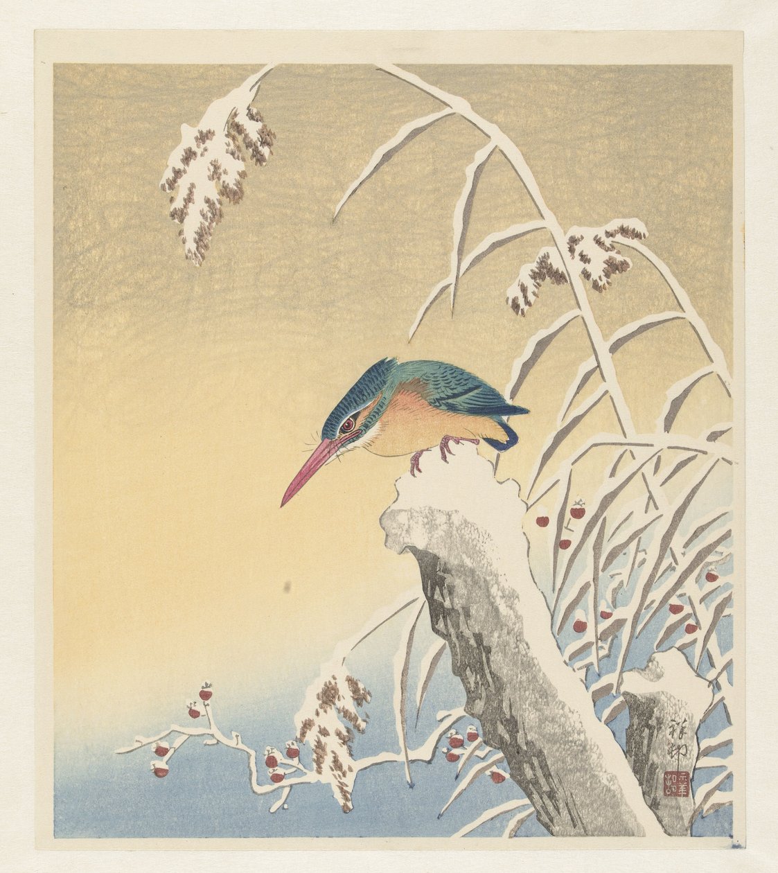 Zimorodek na śniegu autorstwa Ohara Koson