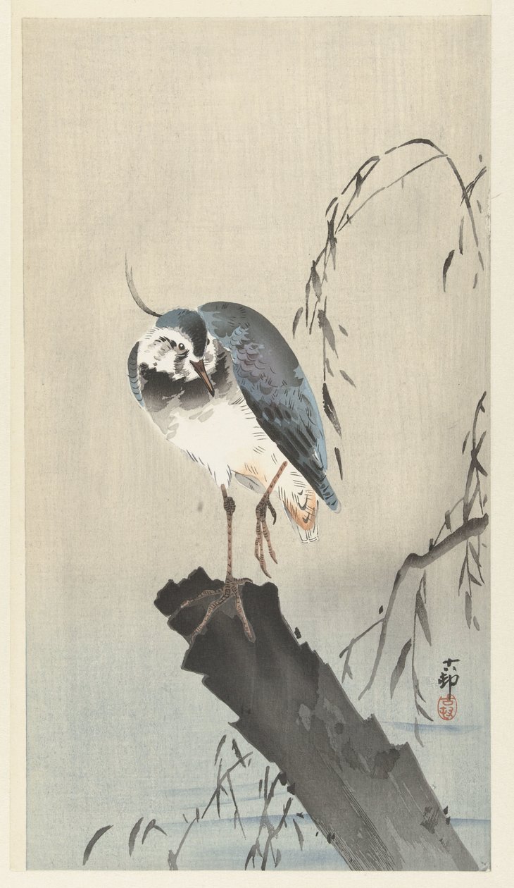Czajka na pniu drzewa autorstwa Ohara Koson