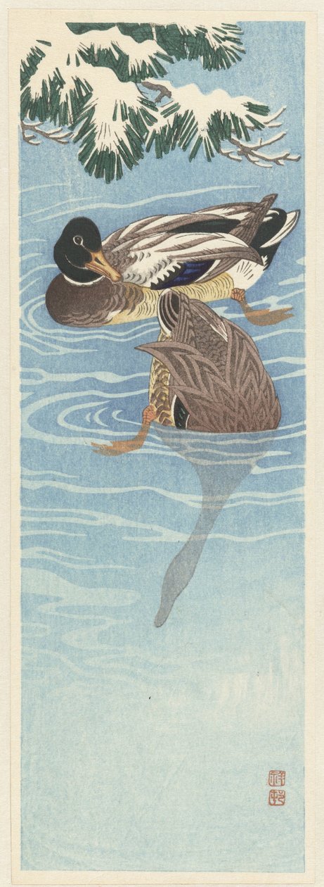 Para krzyżówek w wodzie autorstwa Ohara Koson