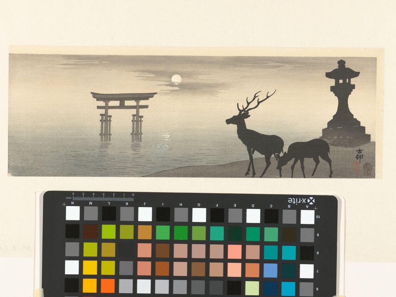 Krajobraz z torii i jeleniem autorstwa Ohara Koson